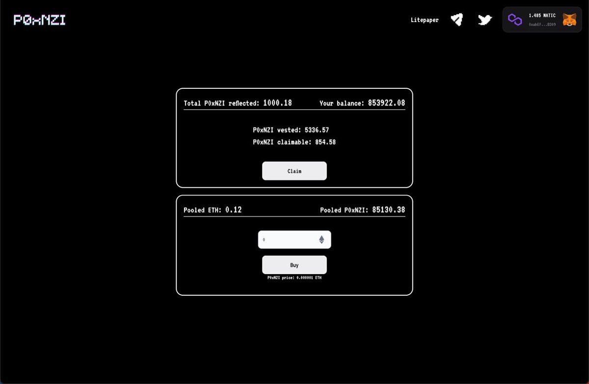 Gm (🔒,🔒)

Smart contract development of $P0xNZI is now completed ✅

Today we focus on cooking the dashboard which will allow users to buy, claim, and check their reflection in real time 

$unibot #REFLECTION #Memefi