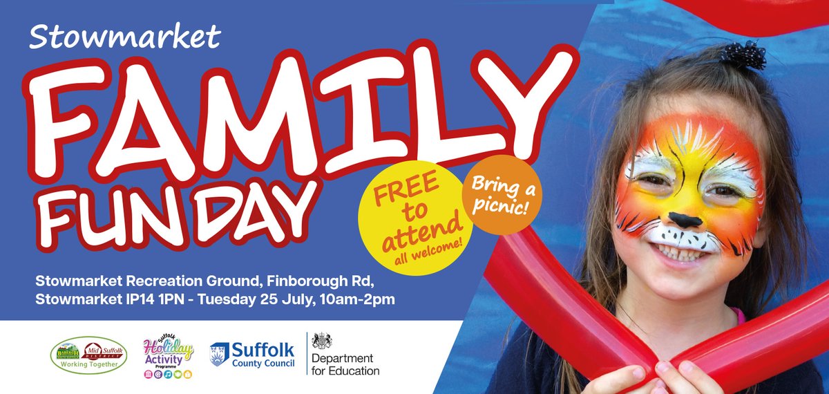 <a href="/MidSuffolk/">Mid Suffolk District Council</a> are holding a FREE family fun day today between 10am-2pm on the recreation ground. There will be lots of fun activities including a climbing wall, archery, face painting, sports and much more!

You can find out more information here 👉  tinyurl.com/mryd23kv