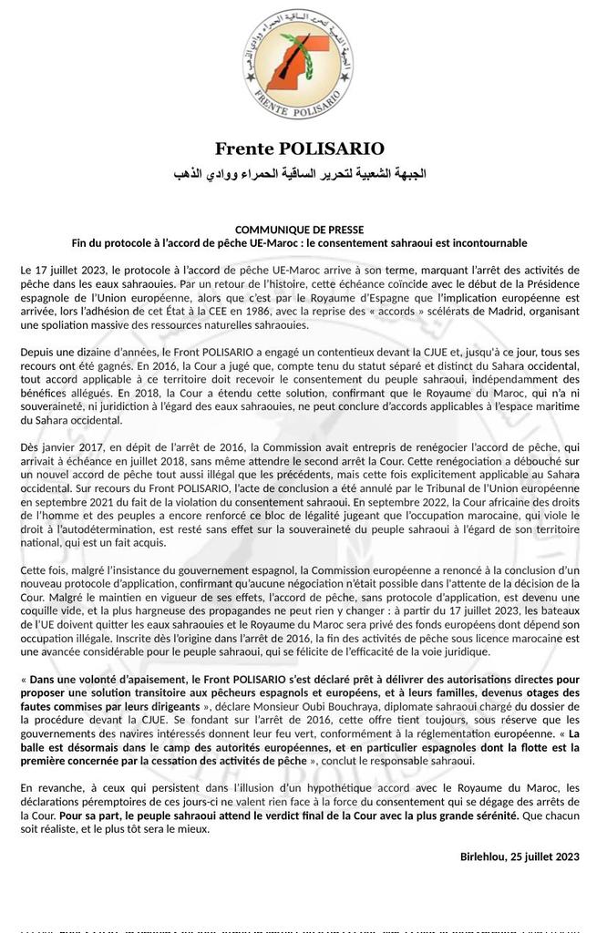 Tras el fin del acuerdo de pesca #UE #Marruecos, el #Polisario se ofrece para licitar barcos de pesca españoles y europeos para faenar en aguas de jurisdicción de la #RASD. Comunicado en francés👇