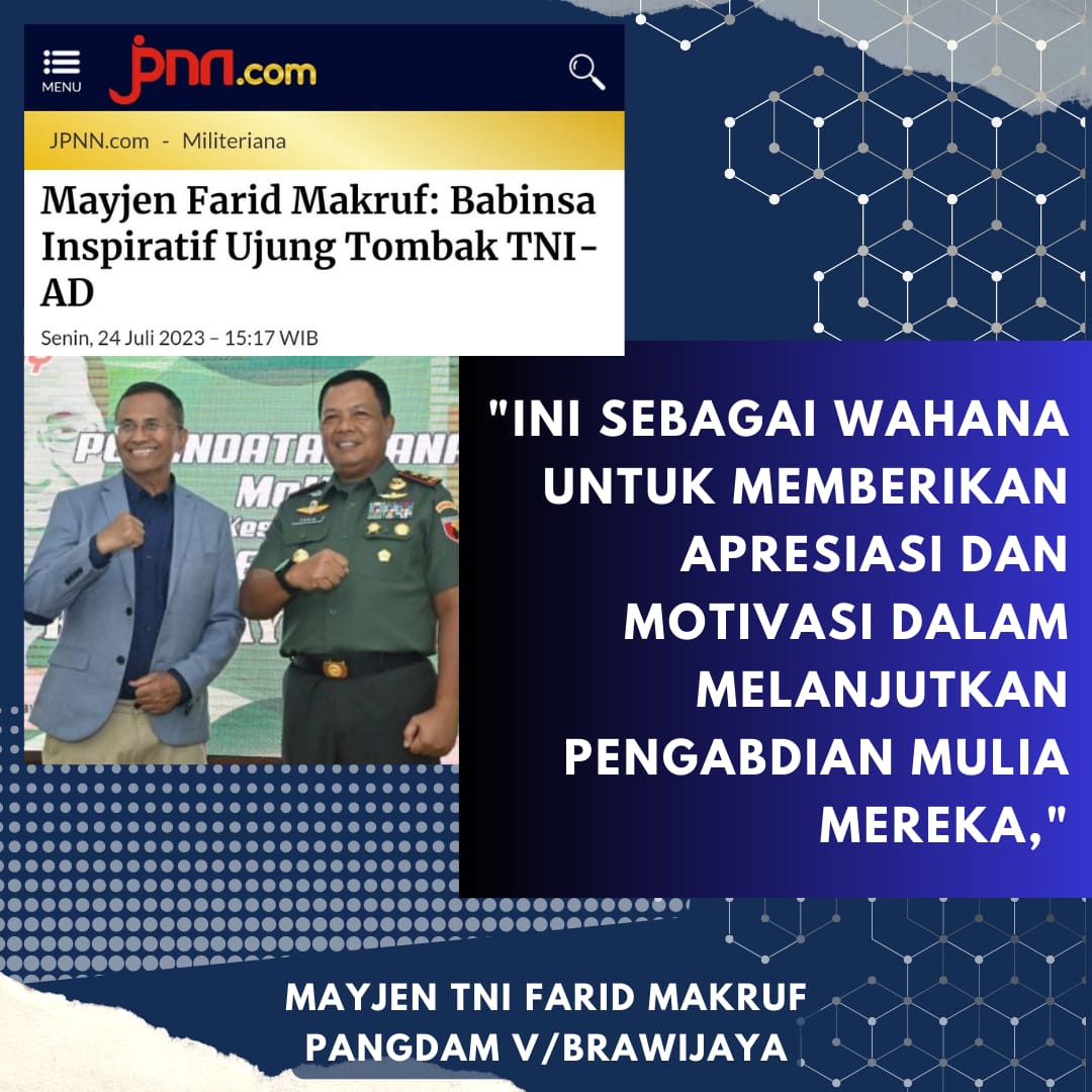 WhoossNews's tweet photo. Apresiasi Babinsa Inspiratif, Pangdam V Brawijaya bersama Dahlan Iskan Gelar Brawijaya Awards 2023

Farid menyebut Brawijaya Awards 2023 merupakan ajang penghargaan terhadap dedikasi para Babinsa yg selama ini berkontribusi kepada masyarakat luas.
#BrawijayaAwards 
@Dr_Moeldoko https://t.co/agSrFWTlus