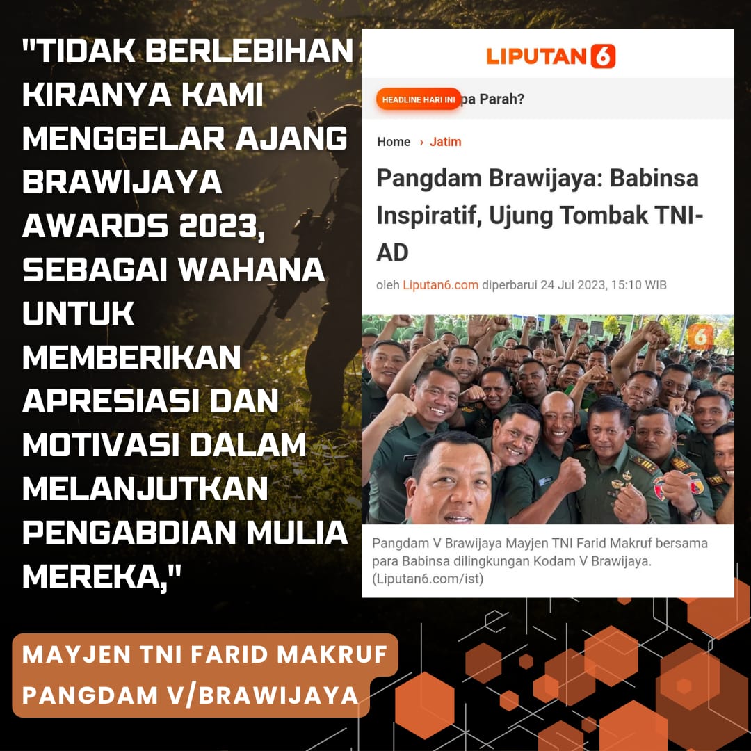 WhoossNews's tweet photo. Apresiasi Babinsa Inspiratif, Pangdam V Brawijaya bersama Dahlan Iskan Gelar Brawijaya Awards 2023

Farid menyebut Brawijaya Awards 2023 merupakan ajang penghargaan terhadap dedikasi para Babinsa yg selama ini berkontribusi kepada masyarakat luas.
#BrawijayaAwards 
@Dr_Moeldoko https://t.co/agSrFWTlus
