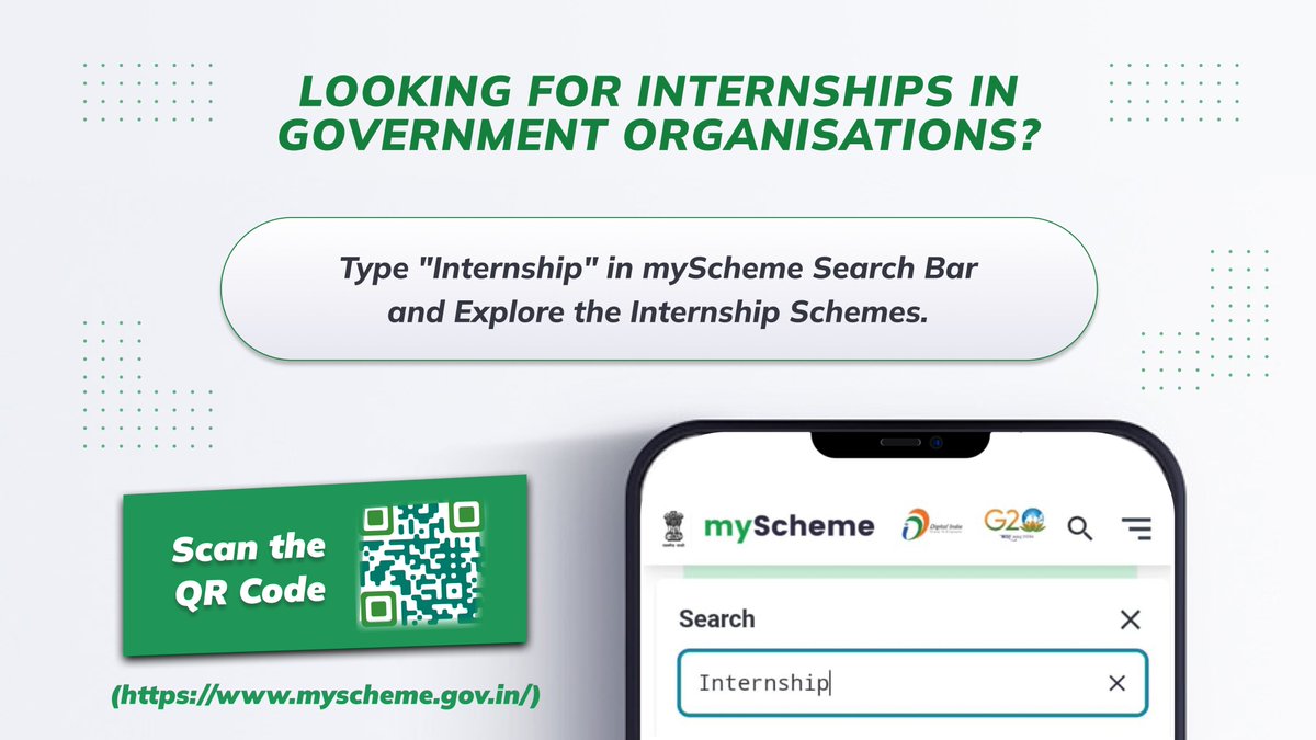 Looking for Internships in Government Departments & Organizations? Now, Find Internship schemes on myScheme: myscheme.gov.in #GOVERNMENTSCHEMES #SCHEMESFORYOU #DigitalIndia #internship #myScheme #celebrating1yearofmyScheme