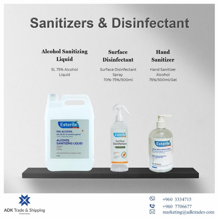 Esterile Sanitizers and Disinfectant

Alcohol sanitizing liquid 5Ltr
Surface disinfectant spray 500ml
Hand sanitizer (Gel) 500ml

To place your order please call 3334715, 7706677
Mail: marketing@adktrades.com