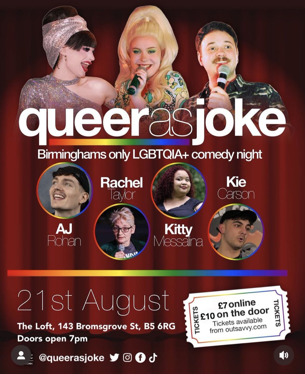 ARE YOU READY FOR IT? 🎭 😂 

Have you been to Birmingham’s only LGBTQIA+ comedy night yet? 

If not, you MUST! <a href="/QueerasJoke/">Queer as Joke</a> are back with us at <a href="/TheLoftBrum/">The Loft Bar Birmingham</a> on Monday 21st August from 7pm! 

Tickets: outsavvy.com/organiser/quee…