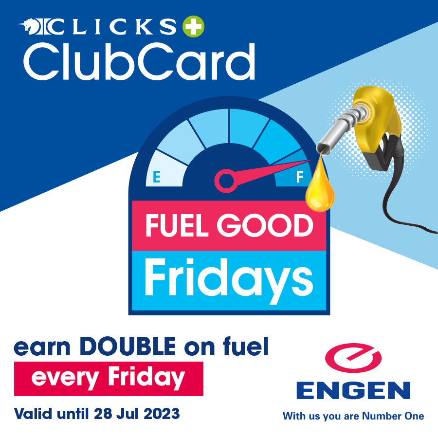 Clicks_SA's tweet photo. Last chance to Fuel Good this Friday! ⏰

Today is the last day for Clicks ClubCard members to earn DOUBLE CASHBACK when they fuel up at participating @Engen_SA service stations.

So make sure you don't miss out!

Earn rules apply >> https://t.co/sRMyMDVY5V

#MoreCashback https://t.co/LNRiXofGIg