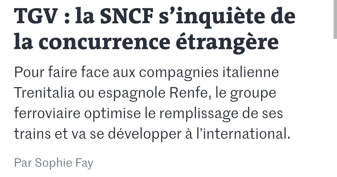 Remarquable article de <a href="/SophiFay/">Sophie Fay</a> dans El Mundo à propos de la concurrence dans les trains à grande vitesse. Pequeno fil. 1/7