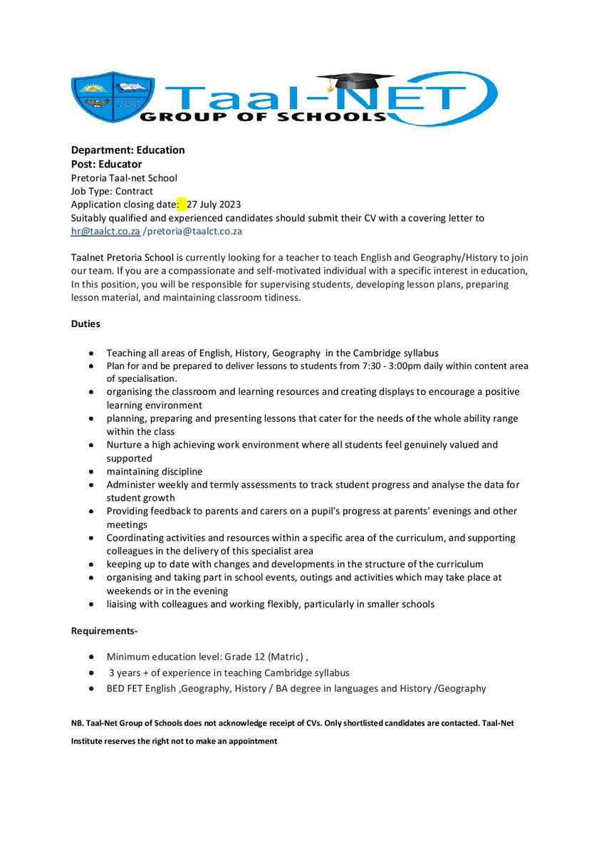 taalnetofficial's tweet photo. We are hiring! If you are a qualified English and Geography/History educator, able to work in Pretoria, and eligible for this post, email your C.V. to hr@taalct.co.za who knows, you might soon be team Taal-Net! 🤓 https://t.co/oHnOhK4Bko