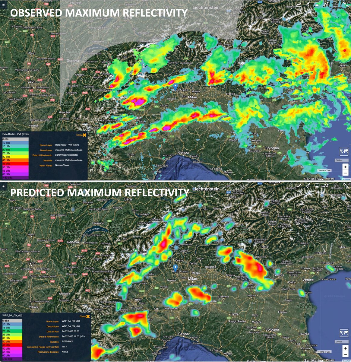 In line with @SINOPTICA_H2020 project approach, our operational WRF model at 2.5 km provided a timely forecast (7:15 UTC, about 2h in advance, lower panel) of the intense convective activity observed on north-western Italy (upper panel) around 10:30 UTC.
👇📍MXP Airport Location