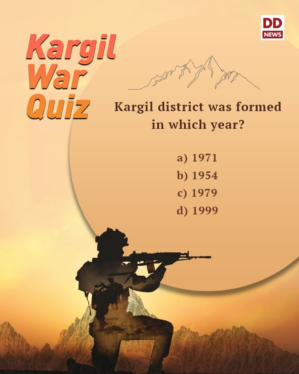 DD News (@ddnewslive) on Twitter photo #Quiztime | Name the year in which Kargil District was formed.
#NationFirst #KargilVijayDiwas #KargilBraveHearts #VijayantThapar #KargilWar @iaf_mcc <a href="/indiannavy/">SpokespersonNavy</a> <a href="/adgpi/">ADG PI - INDIAN ARMY</a> #Quiztime | Name the year in which Kargil District was formed.
#NationFirst #KargilVijayDiwas #KargilBraveHearts #VijayantThapar #KargilWar @iaf_mcc <a href="/indiannavy/">SpokespersonNavy</a> <a href="/adgpi/">ADG PI - INDIAN ARMY</a>