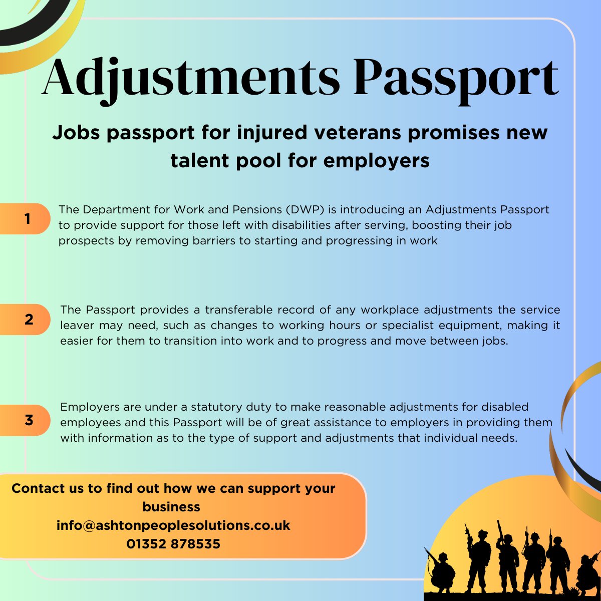 EMPLOYER CONSIDERATIONS ⬇️
A great article this morning from the DWP which lays out plans to support our veterans 💪
Highlights are below ⭐
As always, get in touch if you would like to learn more
#dwp #veterans #armedforces #disabilityconfident #hrsupport #jobsforall #skills