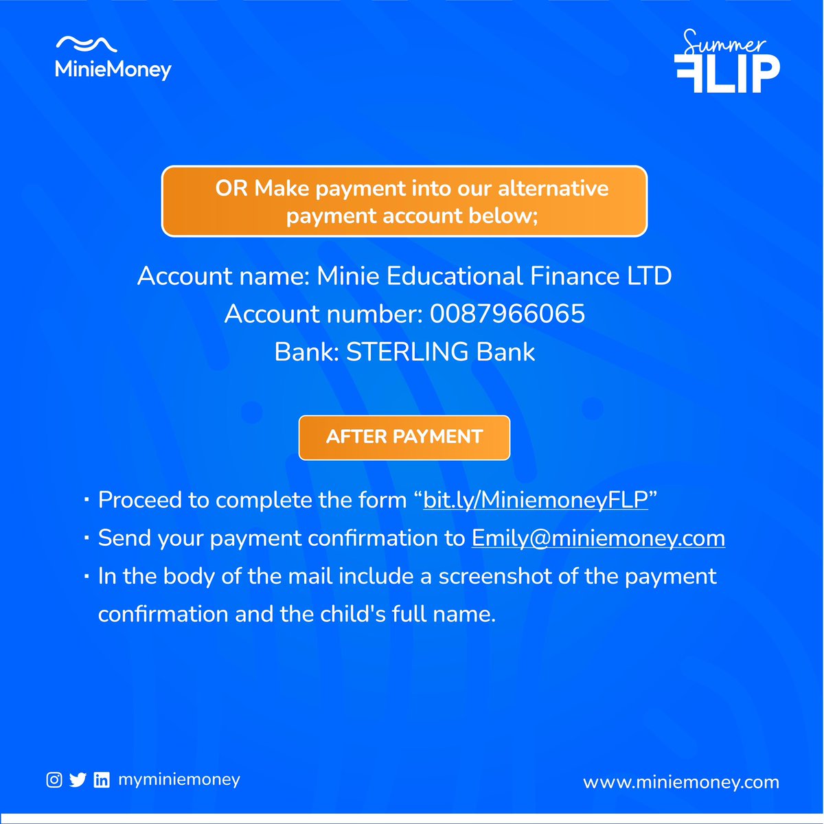 Don't miss this opportunity to empower your child with essential financial knowledge from the comfort of your home! 

Make payment using miniemoney.com/@miniemoney

Don’t forget to fill the form bit.ly/MiniemoneyFLP

 #EmpoweringKids #OnlineLearning #FinanceForKids