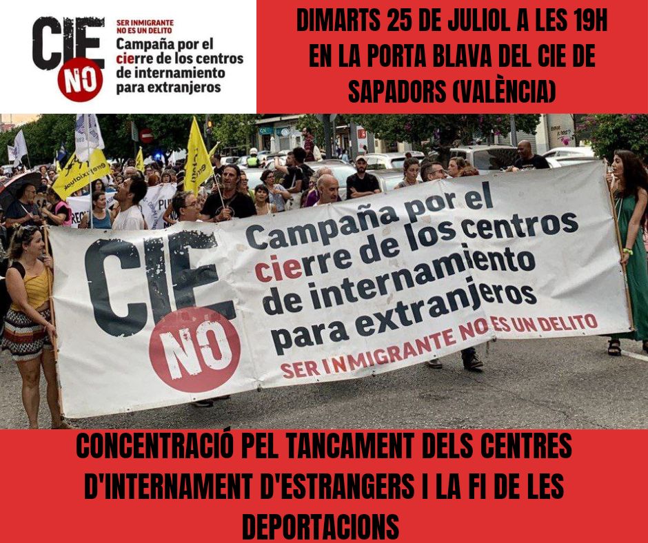 Hoy, 25 de julio a las 19h como cada último martes de mes, nos vamos a concentrar en la puerta del CIE de Zapadores (Av/Dr. Wakaman,València) para exigir su cierre. 

Gracias por difundir. 

Te esperamos.

#CIEsNO #StopDeportaciones