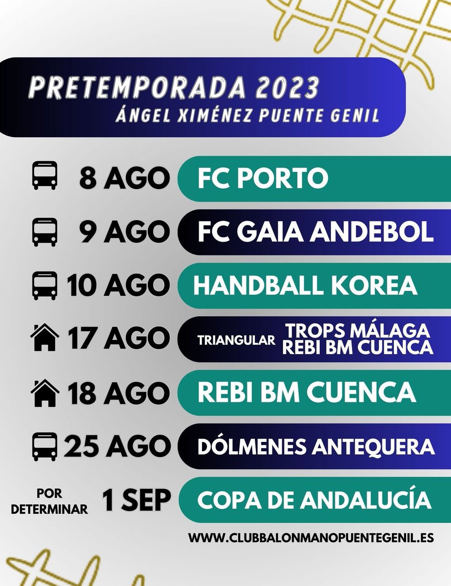 📅 𝙋𝙍𝙀𝙏𝙀𝙈𝙋𝙊𝙍𝘼𝘿𝘼 𝙑𝙀𝙍𝘼𝙉𝙊 2023

💥 Nuestro equipo <a href="/ASOBAL/">ASOBAL</a> afrontará un total de 7⃣ compromisos como puesta a punto para el inicio de la #LigaPlenitudeASOBAL 🤾‍♂️

📝 tinyurl.com/yd3u4fk4

#VamosMiGenil #VamosAX