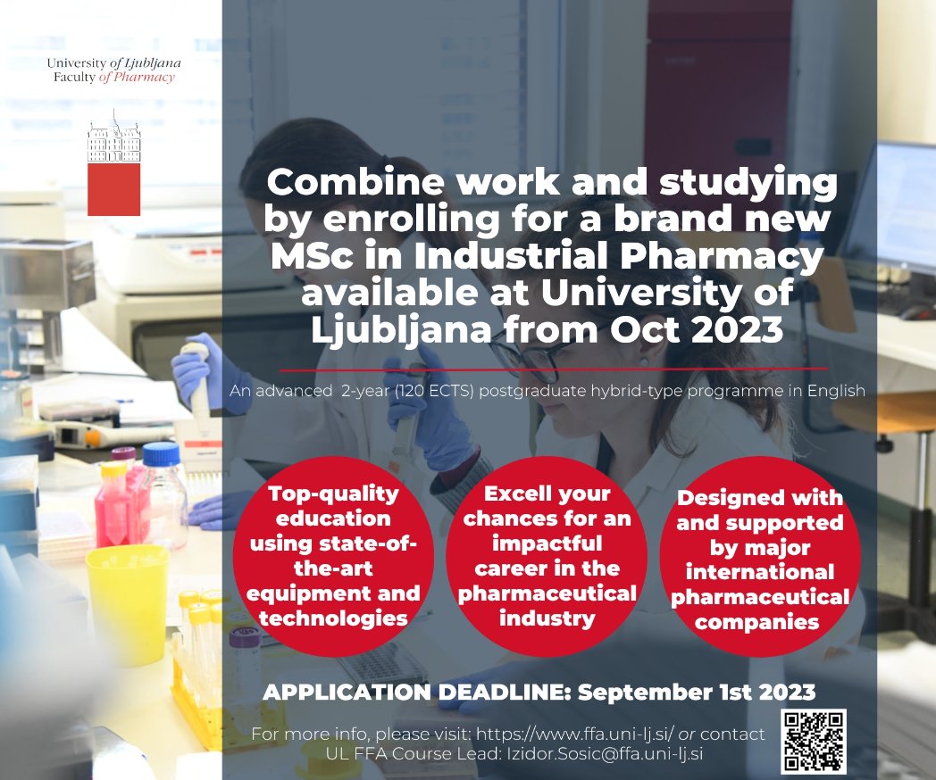 EATRIS (@eatriseric) on Twitter photo The University of Ljubljana, Faculty of Pharmacy (<a href="/UL_FFA/">UL Fakulteta za farmacijo</a>), an EATRIS institute in Slovenia, is launching a brand new MSc in Industrial Pharmacy.
👉 Find out more here: eatris.eu/institutes/ins… #EATRIS_SI The University of Ljubljana, Faculty of Pharmacy (<a href="/UL_FFA/">UL Fakulteta za farmacijo</a>), an EATRIS institute in Slovenia, is launching a brand new MSc in Industrial Pharmacy.
👉 Find out more here: eatris.eu/institutes/ins… #EATRIS_SI