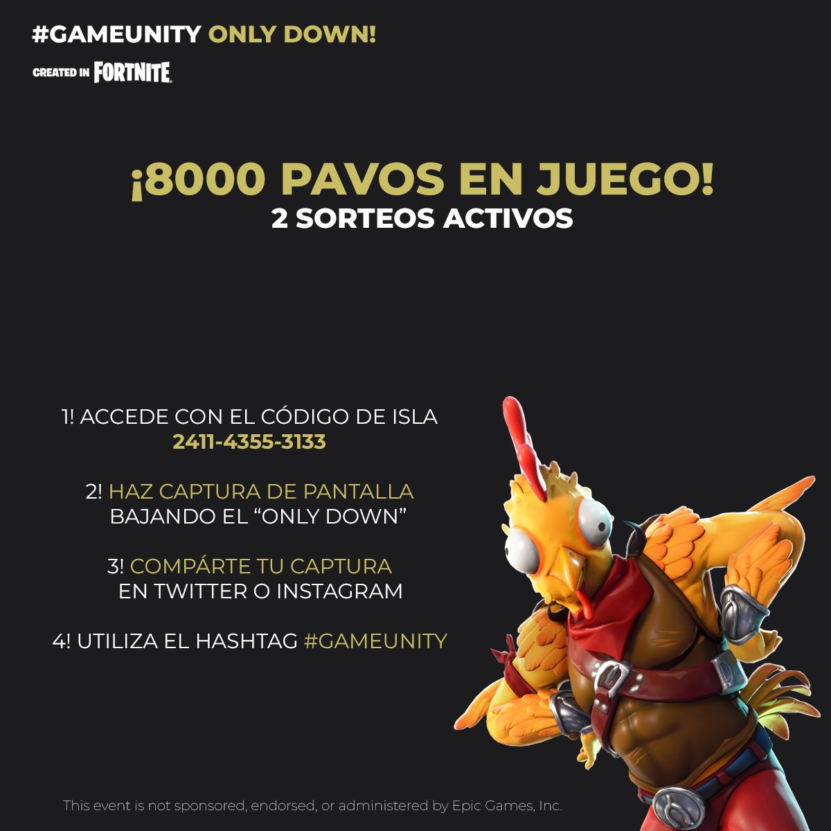 StadioPlus's tweet photo. Quieres ganar 8000 PAVOS? 🤩
-Accede a la isla de Fortnite GameUnity OnlyDown código: 2411-4355-3133 🏝️
-Haz una captura jugando el mapa🤳
-Comparte en Instagram o Twitter usando el hashtag #GameUnity
Mucha suerte a todos! 🔥 https://t.co/y7njrT0qpZ