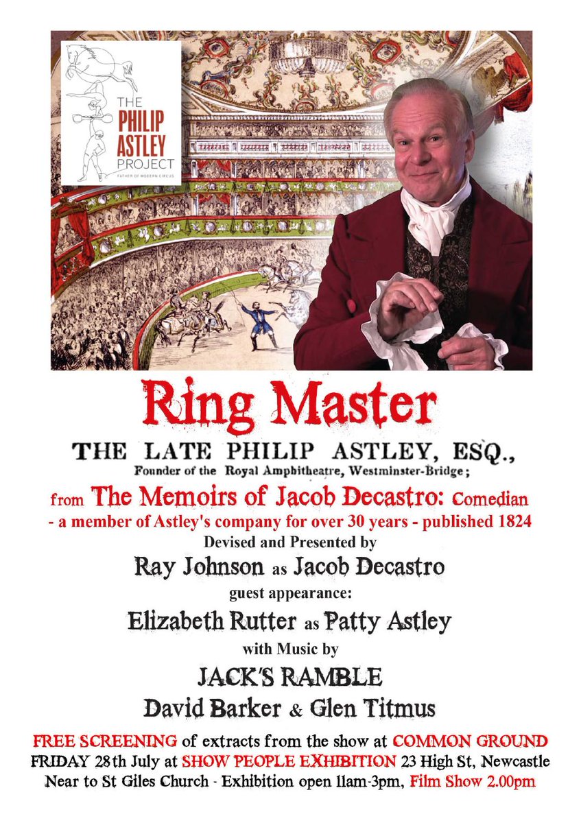 Free Film Show Fri 28 July 2.00pm Jacob Decastro the clown in Astley's company by Ray Johnson Staffordshire Film Archive, Newcastle Common High Street, Newcastle under Lyme (Opp Art of Siam Restaurant) Open Thurs, Fri &amp; Sat 11 am - 3 pm 
#PhilipAstley #philipastleyproject #Astley