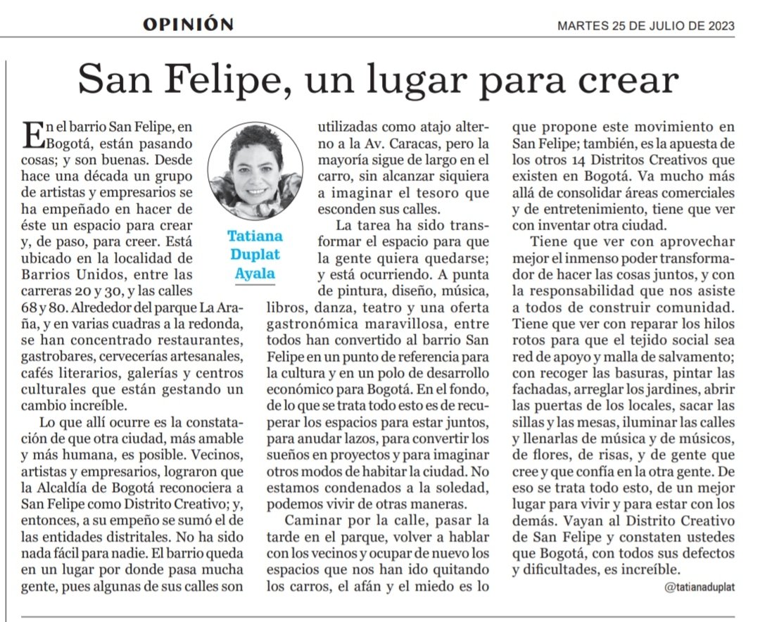 La increíble transformación del barrio San Felipe en Distrito Creativo es el tema de mi columna de hoy en <a href="/ElNuevoSiglo/">EL NUEVO SIGLO</a>.

Sigan, por favor, y déjense sorprender de Bogotá.
➡️m.elnuevosiglo.com.co/articulos/