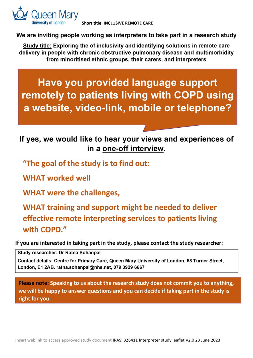 Ratna_Sohanpal's tweet photo. Please RT. Thank yoU!
If you are an #interpreter providing interpreter services remotely to people with #COPD I would like to hear from you. @THGPCareGroup @NIHRARCs @_zofiajackson @TaliaIsaacs @EthnicHealthRes @inclusiveRC   @AitInterpreters @nrspinterpreter @HUG0says https://t.co/9GlsznUYZC