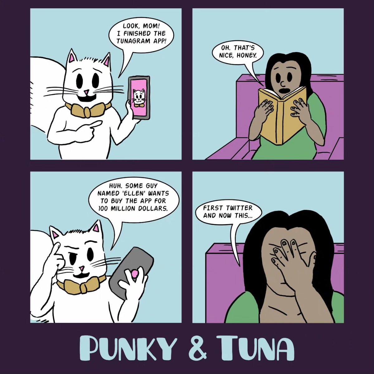 PunkyTunaComic's tweet photo. And then, he'll rebrand it to "T."
•
•
•
•
•
#punkytunacomic #Tuna #webomic #kittycomic #tunagram #app #elonmusk #Twitter #surfacepro #createdonsurface #affinitydesigner #madeinaffinity #cats #reading https://t.co/XgbLRzlFZo