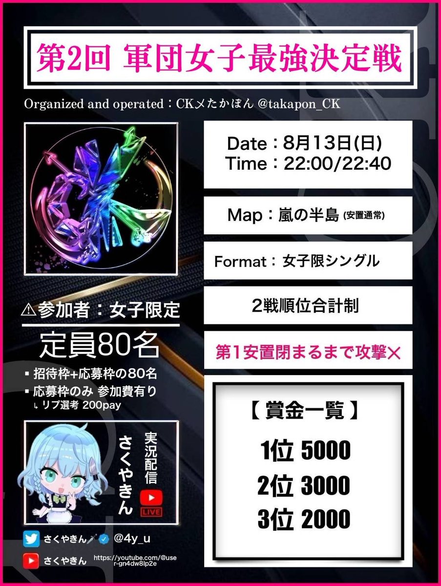 takapon_CK's tweet photo. ⚔️第2回 軍団女子最強決定戦⚔️

🗓 ⌇8/13 ㊐ 22:00/22:40
⚙️ ⌇シングル/嵐の半島
🎈 ⌇2戦ポイント制
⚠️ ⌇第1アンチ閉まるまで攻撃❌

🧧 ⌇🥇5000pay
          🥈3000pay
          🥉2000pay

⛓⌇女子限定
🎙⌇さくやきん🩵

📍⌇招待枠＋応募枠＝80名
⚠️⌇応募枠のみ 参加費 200pay https://t.co/cLzd2sBHRO