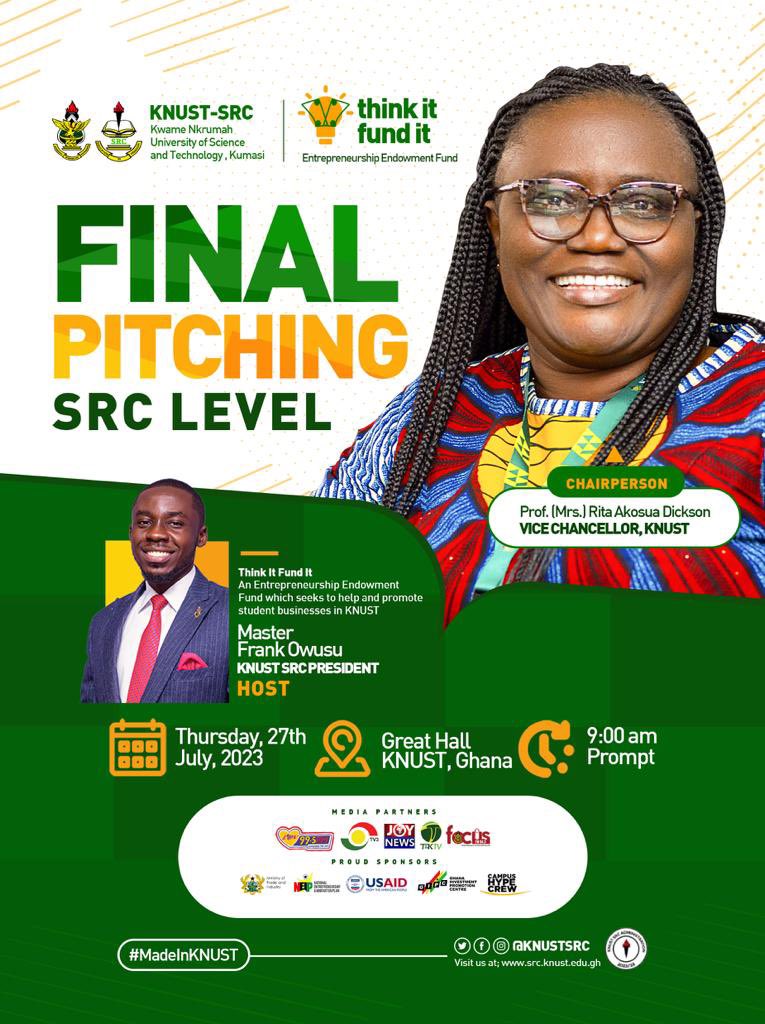 TheEl_Emmanu's tweet photo. 𝗥𝗢𝗔𝗗 𝗧𝗢 𝗧𝗛𝗘 𝗙𝗜𝗡𝗔𝗟 𝗣𝗜𝗧𝗖𝗛
Finally, the 𝗧𝗛𝗜𝗡𝗞 𝗜𝗧, 𝗙𝗨𝗡���� 𝗜𝗧 𝗳𝗶𝗻𝗮𝗹 𝗽𝗶𝘁𝗰𝗵 is here!
Let’s meet as we celebrate creativity, Innovation and technology on Thursday 27th July, 2023, 9AM at the KNUST GREAT HALL
#thinkitfundit
#madeinknust https://t.co/sPRe8HT6fK