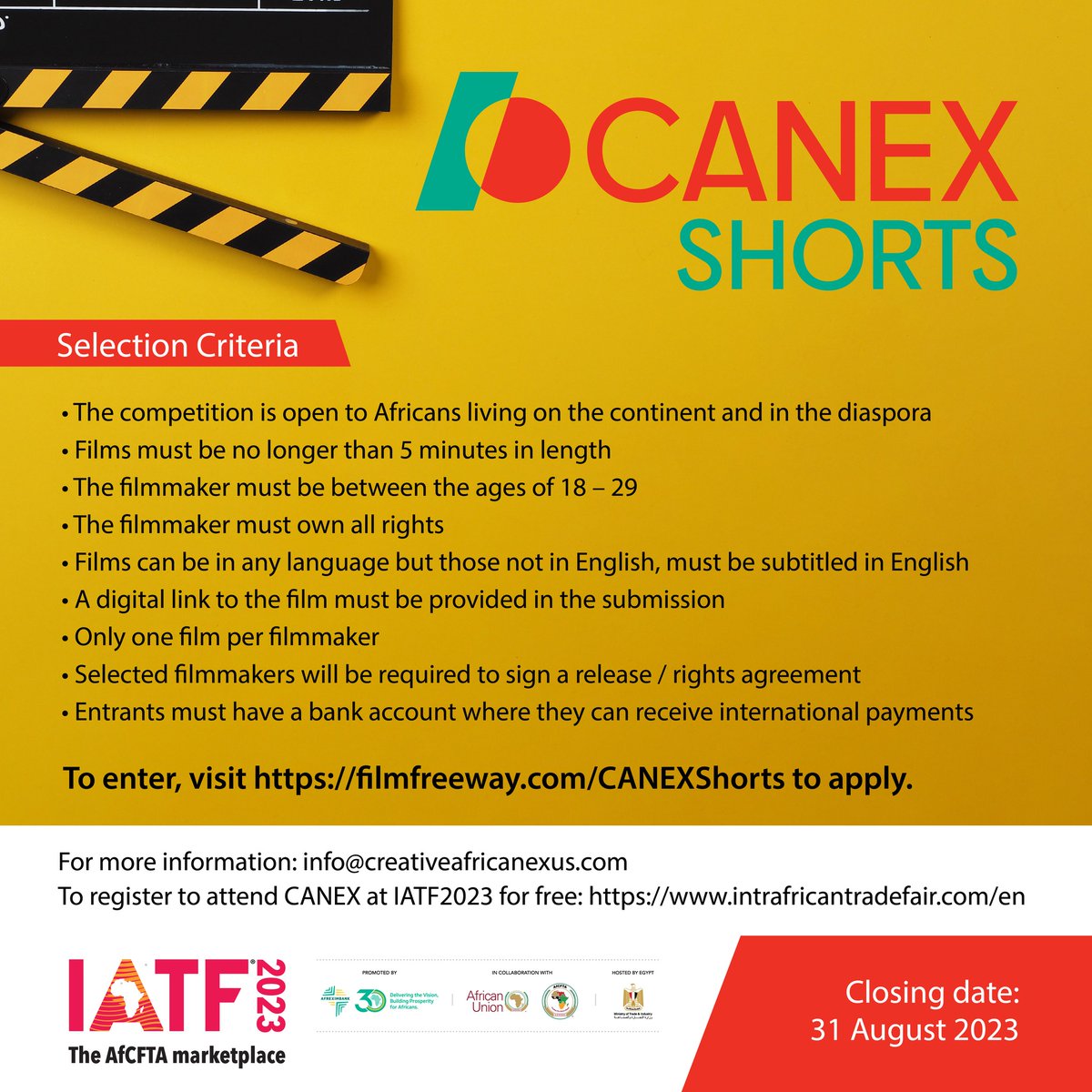 Calling filmmakers from Africa &amp; the diaspora to apply!  Make sure you enter your 5-minute film via filmfreeway.com/CANEXShorts for the chance to be a winner in one of these categories: · Best Feature · Best Documentary · Best Animation Closing date: 31 August 2023 #filmmakersworld