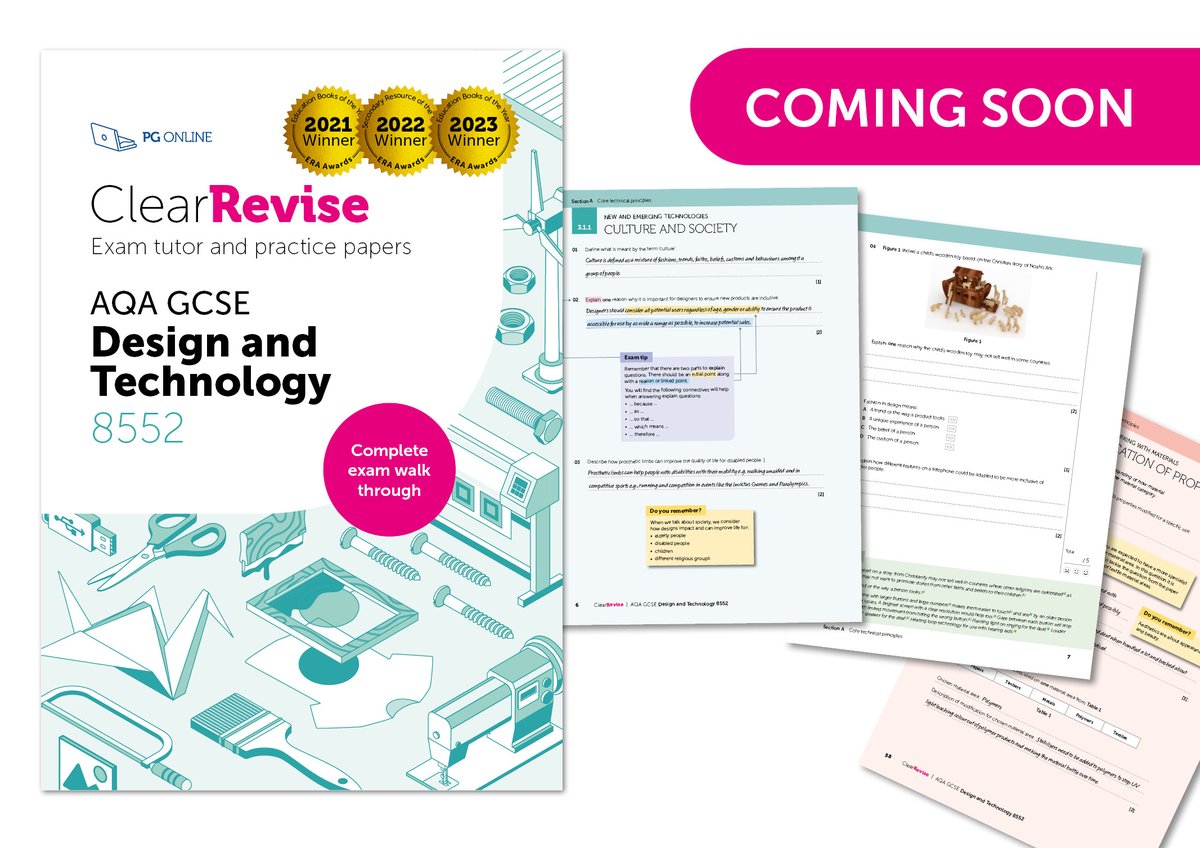 AQA GCSE Design and Technology Exam Tutor — due early September.

The perfect accompaniment to our revision guide, this workbook has 600+ marks of exam-style questions, as well as a complete practice paper. 

Pre-order now! ow.ly/36b950Pjfer

#edutwitter #GCSEDT