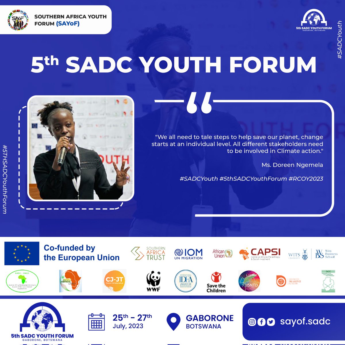 "We all need to take steps to help save our planet, change starts at an individual level. All different stakeholders need to be involved in Climate action." Ms. Doreen Ngemela
#RCOY2023 #SADCYouth #5thSADCYouthForum