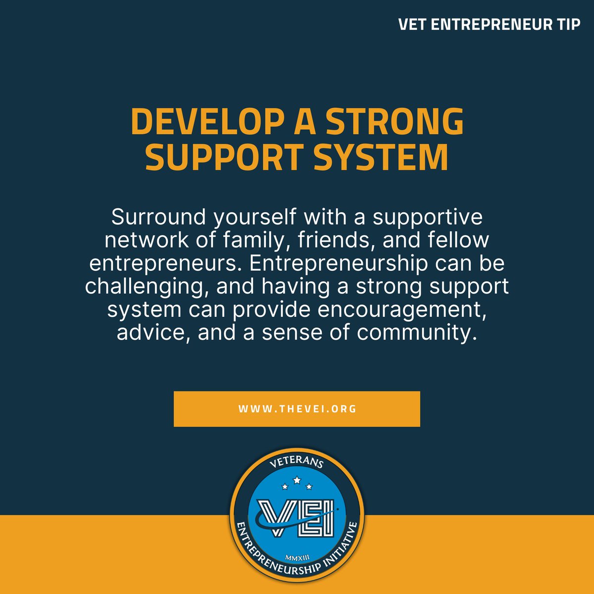 No entrepreneur is an island. Surround yourself with a support system that uplifts, inspires, and fuels your entrepreneurial journey. Together, we can conquer the world. Build your support network at TheVEI.org. #EntrepreneurCommunity #TheVEI