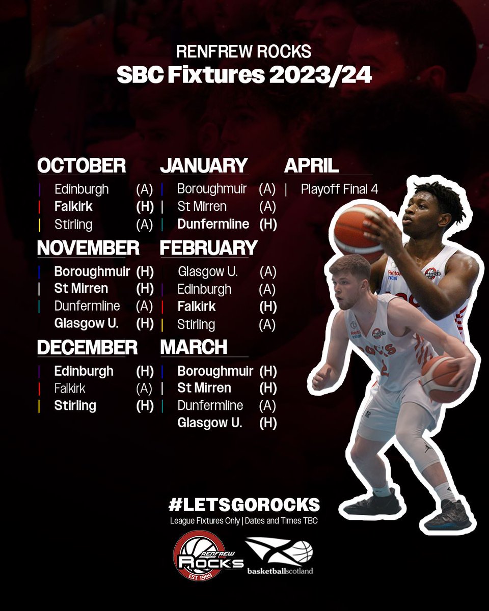 renfrewrocks's tweet photo. 🗓️ Our fixtures for the 2023-24 Scottish Basketball Championship season are out!

🔗 Read more: https://t.co/jS8fCpRU9M

#LetsGoRocks https://t.co/ScvXgXteTz