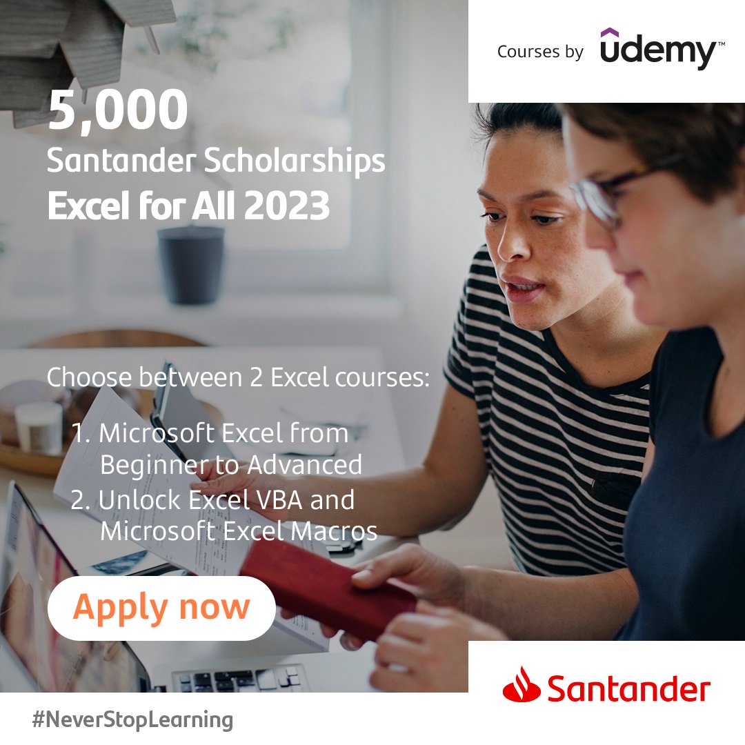 StMarys_Careers's tweet image. Looking to improve your Excel skills?
Apply for 1 of 5,000 places on Santander Scholarships Skills' Excel for All, a FREE, flexible, online programme delivered by Udemy.
Apply before 31st Aug: buff.ly/3QbQOcx 
#NeverStopLearning #Excelforall #SantanderUniUK