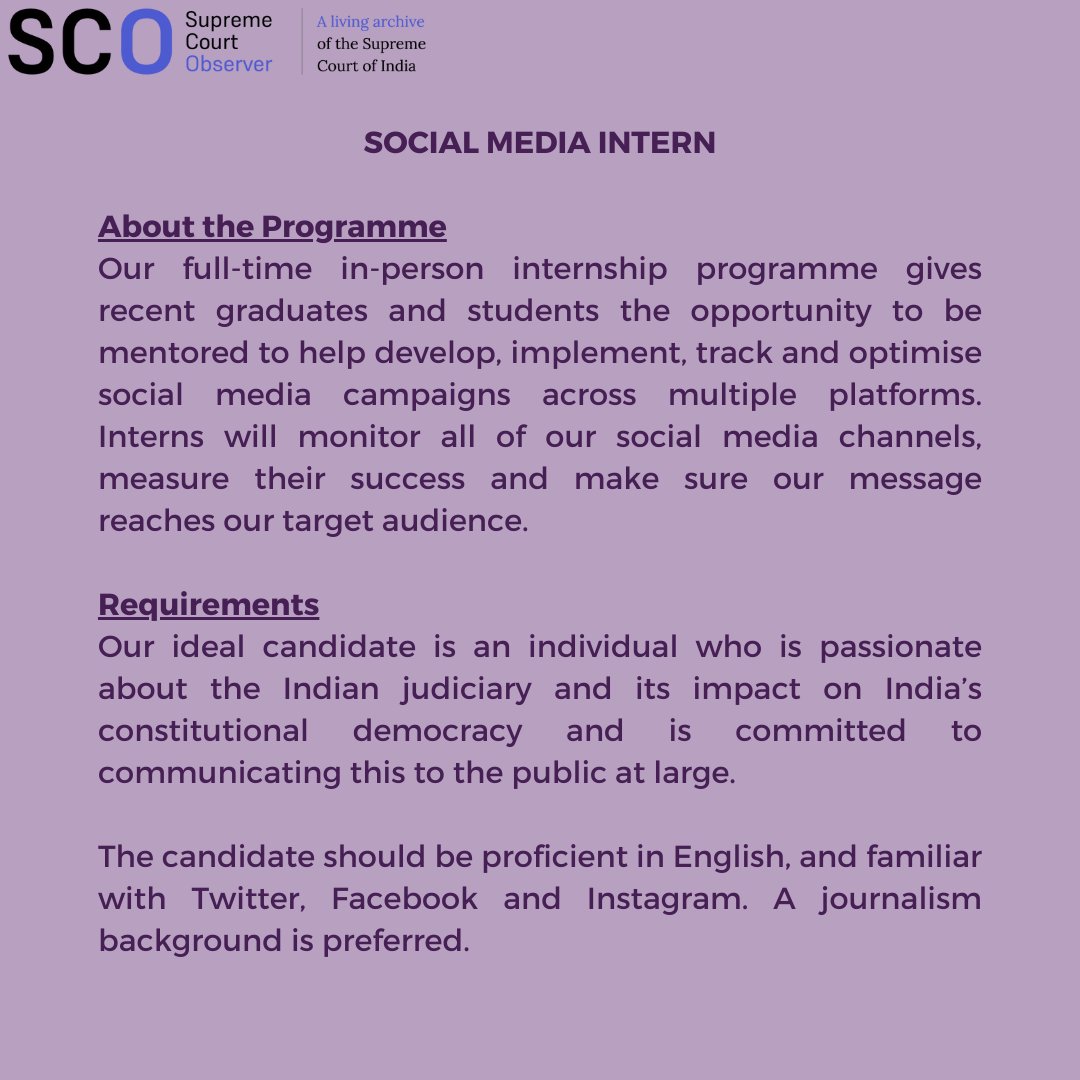 scobserver's tweet photo. 🚨 INTERNSHIP ALERT!
SC Observer is looking for Social Media Interns for a 1-3 month, paid internship at our Bangalore office.
Apply now!
#internship #callforinterns #SupremeCourtofIndia https://t.co/fwxOumcWLF