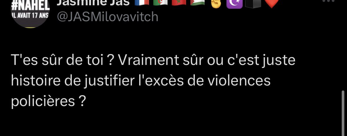 xtenight's tweet photo. @JASMilovavitch @lalla_mounya T’es sûr de toi? Vraiment sûr ou c’est juste histoire de justifier ta haine anti police et ton envie de faire la victime sur les réseaux ? https://t.co/jQu7qfCcHb