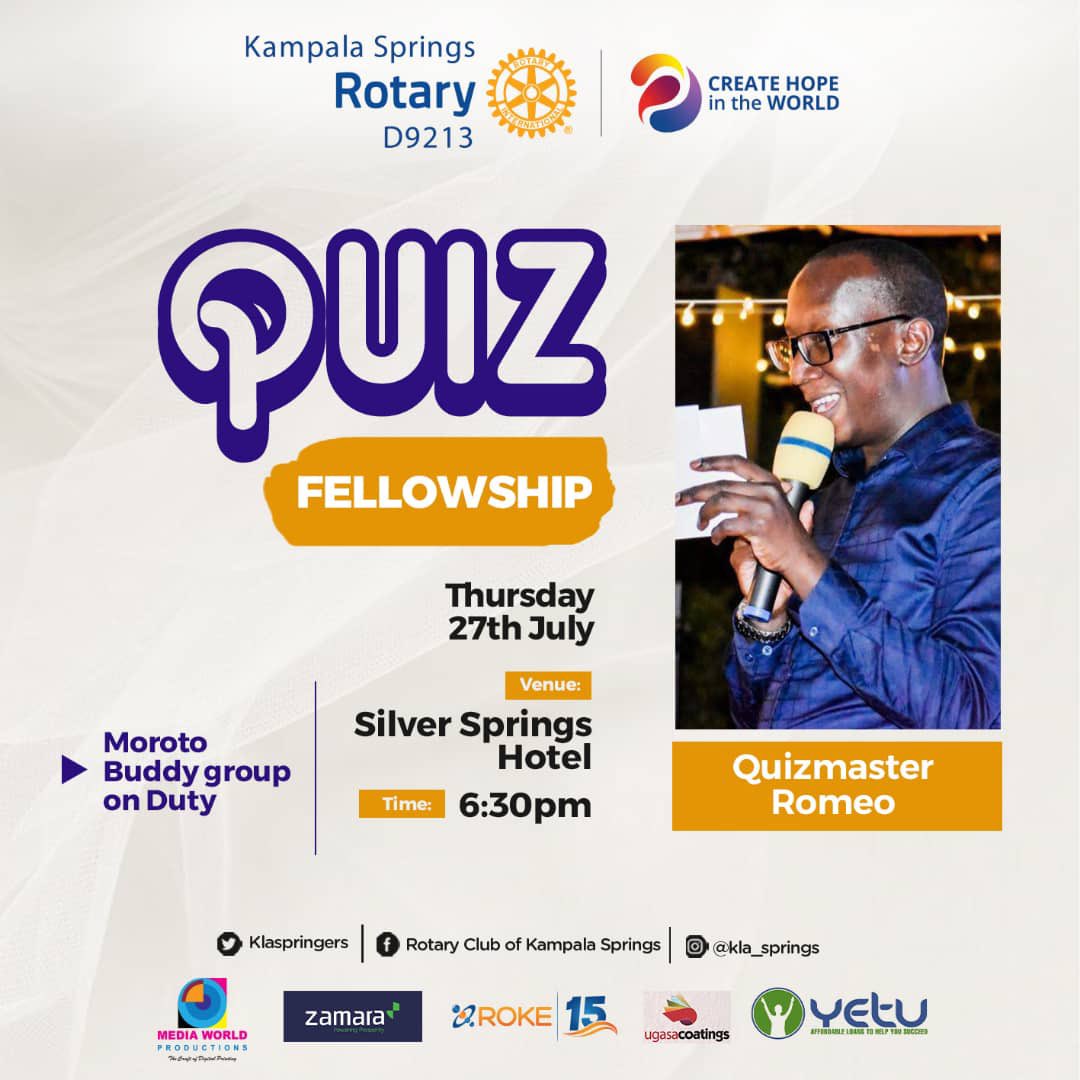 Join us for an evening of camaraderie, learning  and fun this Thursday 27th July at Silver Springs Hotel, 6:30pm. 

#RotaryFellowship 
#BuildingConnections
#KampalaSprings