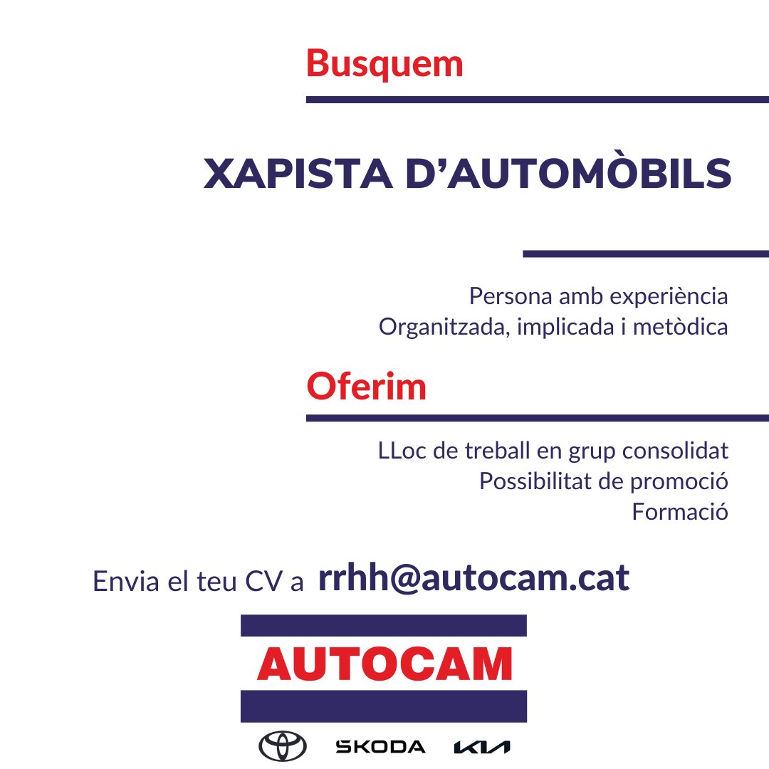 AUTOCAM1's tweet photo. Busquem:

- Xapista d’automòbils

👉 Si t’interessa envia’ns el teu CV a rrhh@autocam.cat

T’esperem! https://t.co/a3Eu1RxzPO