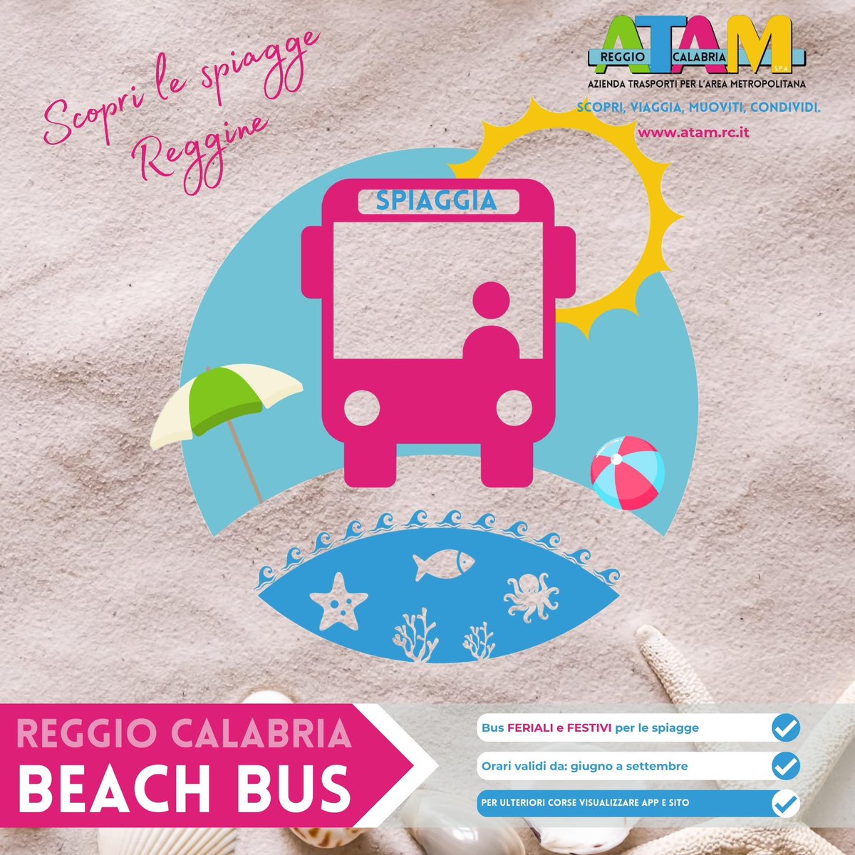 AtamRc's tweet photo. 🚌 Il #BeachBus è il bus che ti porta al #mare. Vogliamo fornire un’incentivo a coloro che vogliono recarsi al mare nelle spiagge della città da Nord a Sud, da #Catona a #Lazzaro senza il pensiero del parcheggio, del traffico e del carburante.🆓
⬇️ https://t.co/sLrOqhAy6X https://t.co/b1XDgTtY35