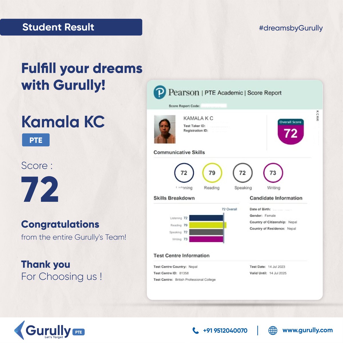 🎯Congratulations to Kamala on achieving an overall 72 score in PTE on the first attempt.🎉🎉🎯
Join Gurully.com and start practicing now to get your desired scores too.
#dreamsbygurully #StudentSucess #ptescore #ptescorecard #pteresult  #PTEDesiredScore #Gurully