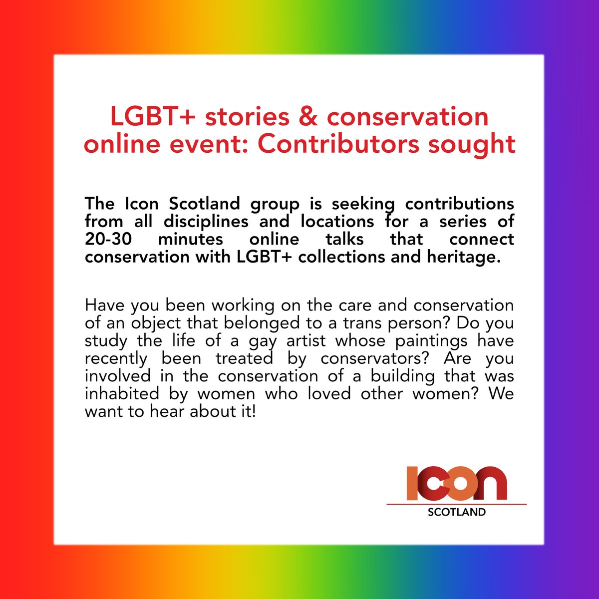 Icon - The Institute of Conservation (@conservators_uk) on Twitter photo <a href="/icon_scotland/">Icon Scotland</a> is seeking contributions from all disciplines and locations for a series of talks that connect conservation with LGBT+ collections and heritage.
Find out more: icon.org.uk/groups-and-net… <a href="/icon_scotland/">Icon Scotland</a> is seeking contributions from all disciplines and locations for a series of talks that connect conservation with LGBT+ collections and heritage.
Find out more: icon.org.uk/groups-and-net…