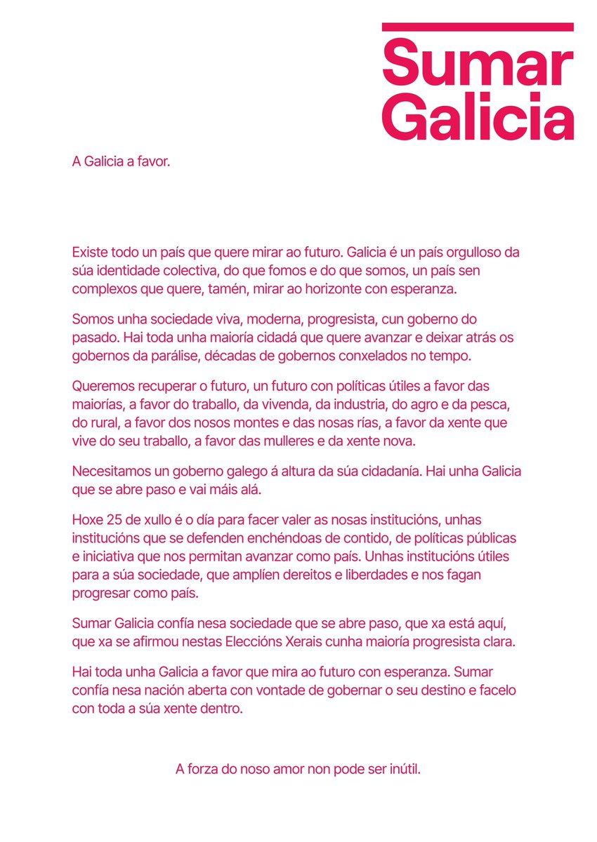 AntonGomezReino's tweet photo. Unha Galicia a favor.
Neste Día Nacional de Galicia, celebrar e traballar a favor dun país que mira ao futuro con esperanza. Dunha cidadanía que quere deixar atrás o pasado e abrir un futuro de cambio e progreso. Un país a favor.
#25deXullo #DiaDaMatria https://t.co/NXiOrtZmop
