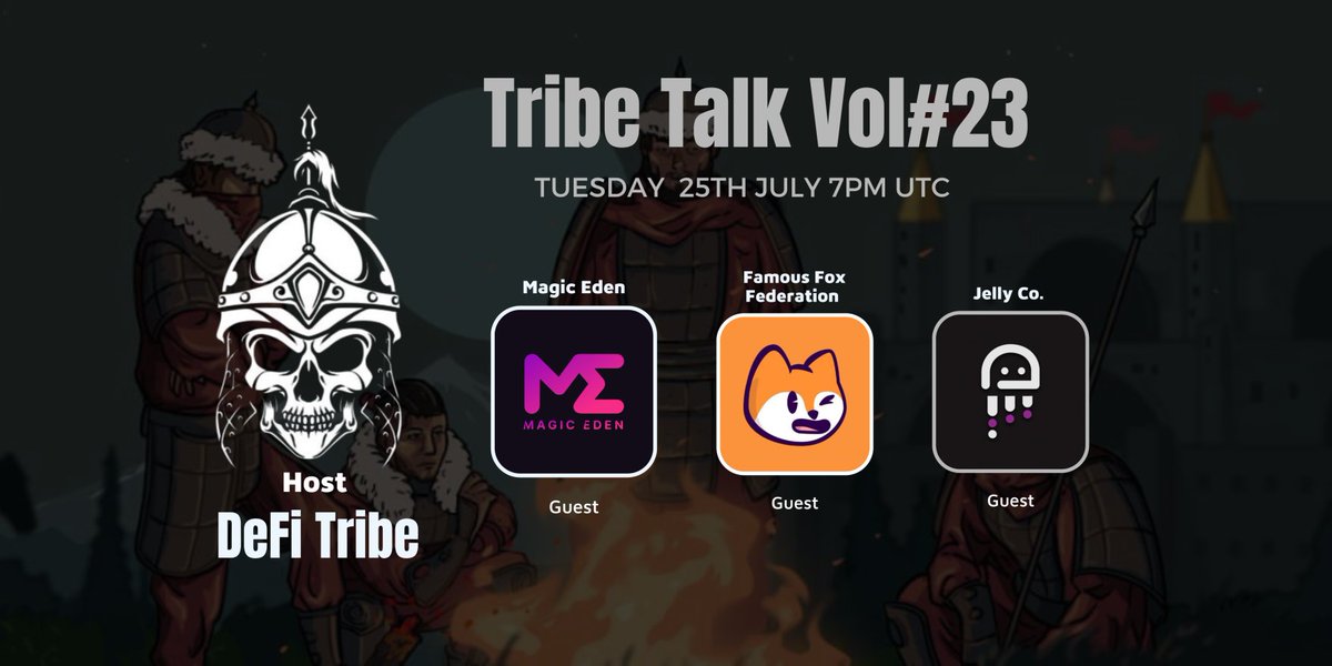 TRIBE TALK VOL#23 🎙️

Tuesday 25th July at 7pm UTC

Featuring Guests:
<a href="/MagicEden/">Magic Eden 🪄</a> 
<a href="/FamousFoxFed/">Famous Fox Federation 🦊🟠</a> 
<a href="/JellyCoNFT/">Jelly Co</a> 

Space Link:  x.com/i/spaces/1yoKM…
