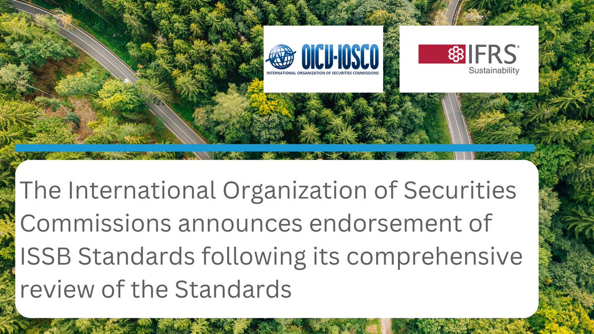 IFRS Foundation (@ifrsfoundation) on Twitter photo The International Organization of Securities Commissions (IOSCO) has today announced its endorsement of the ISSB Standards following its comprehensive review of the Standards.
Find out more: ifrs.org/news-and-event…
<a href="/IOSCOPress/">IOSCO Press</a> #IFRSsustainability #ISSB #ISSBstandards The International Organization of Securities Commissions (IOSCO) has today announced its endorsement of the ISSB Standards following its comprehensive review of the Standards.
Find out more: ifrs.org/news-and-event…
<a href="/IOSCOPress/">IOSCO Press</a> #IFRSsustainability #ISSB #ISSBstandards