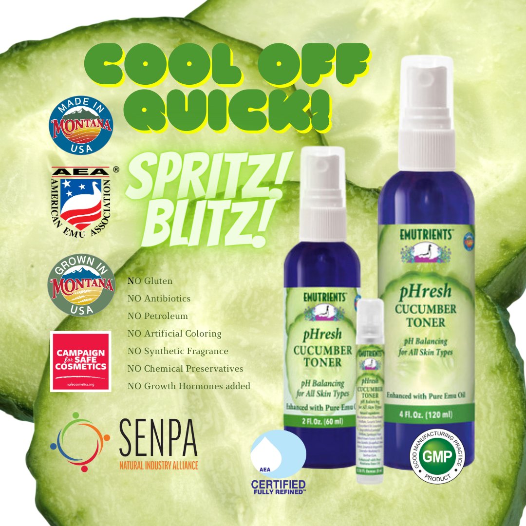 RanchEmu's tweet photo. NOTHING will cool your face and neck off faster than a spritz of our pHresh Cucumber Toner for all skin types! Just the cooling blitz needed to fight this heat!

#montanaemuranch #emutrients #emuplus #EMUgency #emuoil #emulove #emu #emus #emuskincare #skincare #cucumber #facial https://t.co/XPylYvYfsW