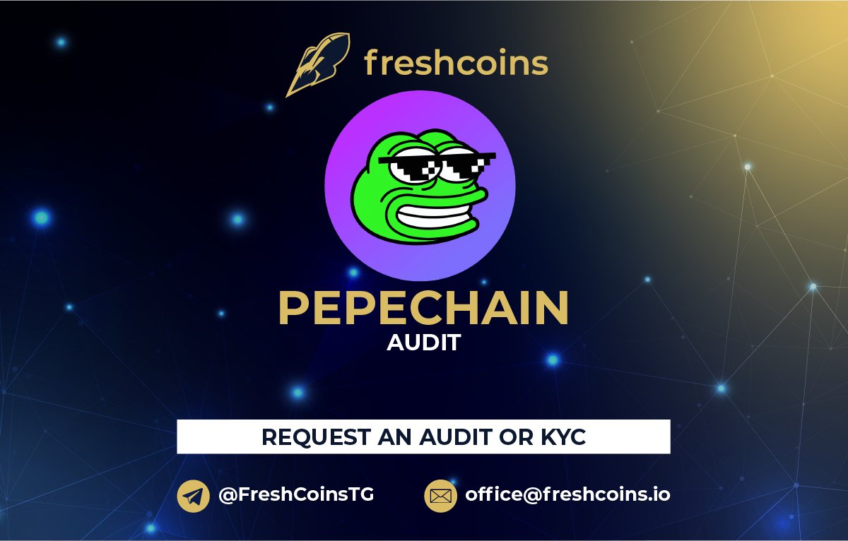 FreshCoinsIo's tweet photo. We are happy to announce that we have completed the smart contract audit for @pepechain_2

Full audit report https://t.co/iJoucmsTlO

The contract does not have any critical or significant issues that would pose a high or medium level of concern or risk. 
#BNB📷 #BSC https://t.co/OBEFXmFsM1