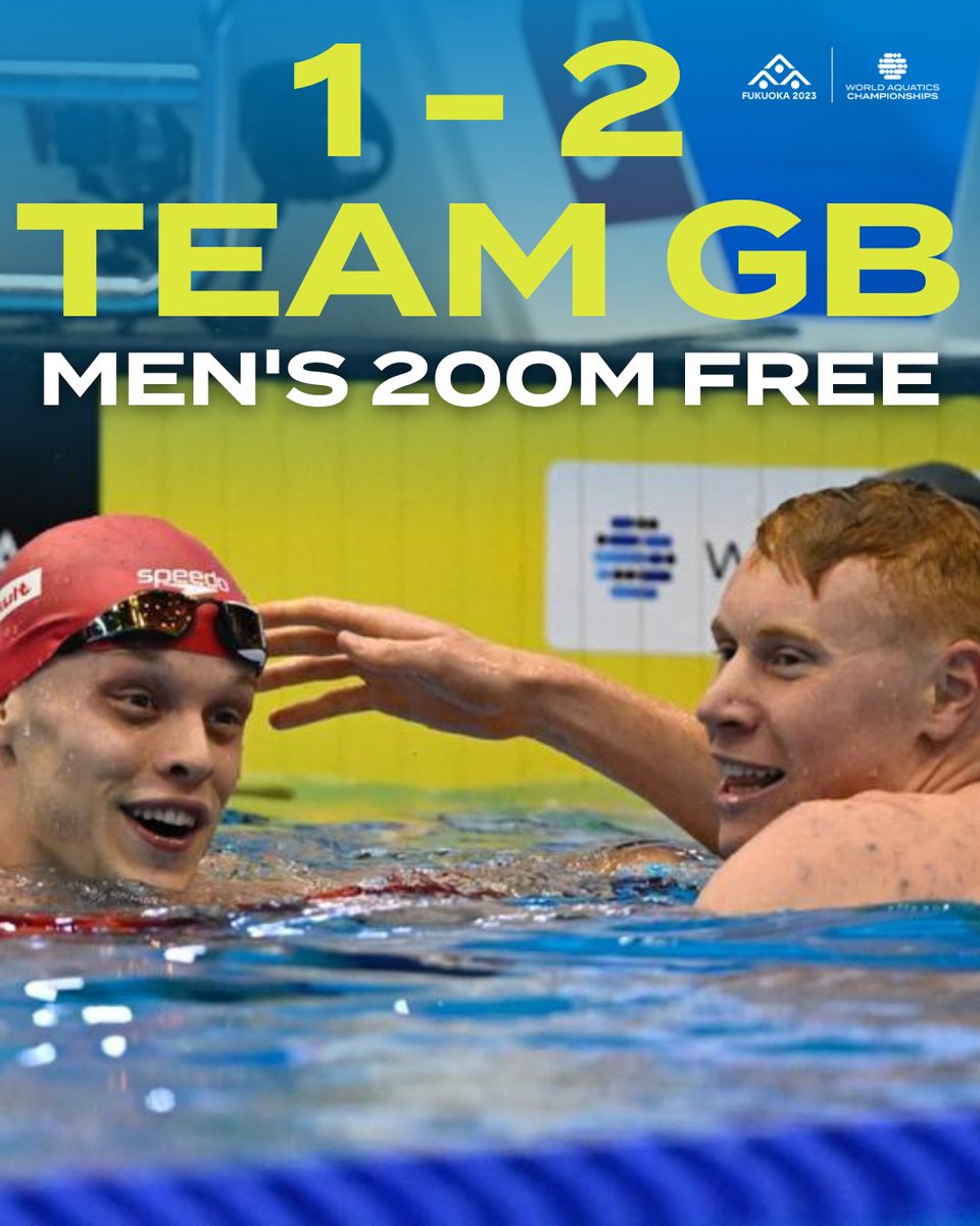 1 - 2 For Team GB 🇬🇧 in the Men's 200m Free 🥇Matthew Richards - 1:44.30 🥈Tom Dean - 1:44.32 #Swimming #AQUAFukuoka23