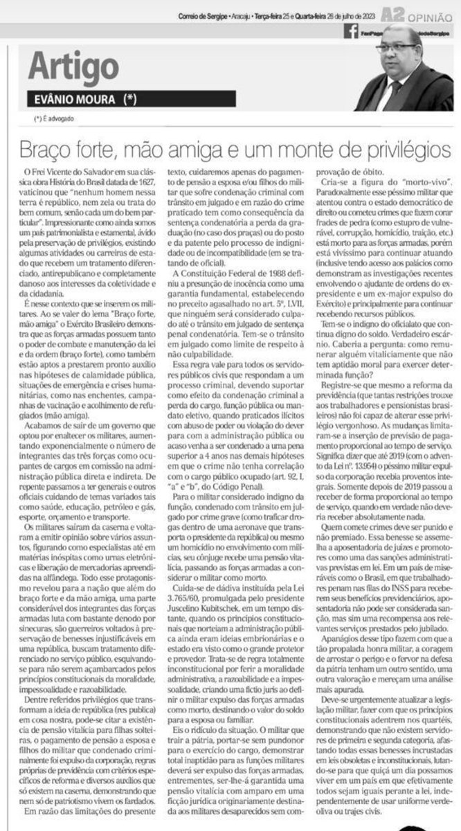 MouraEvanio's tweet photo. Artigo publicado hoje no Correio de Sergipe comentando os privilégios destinados aos militares. https://t.co/9oyGXu60qY