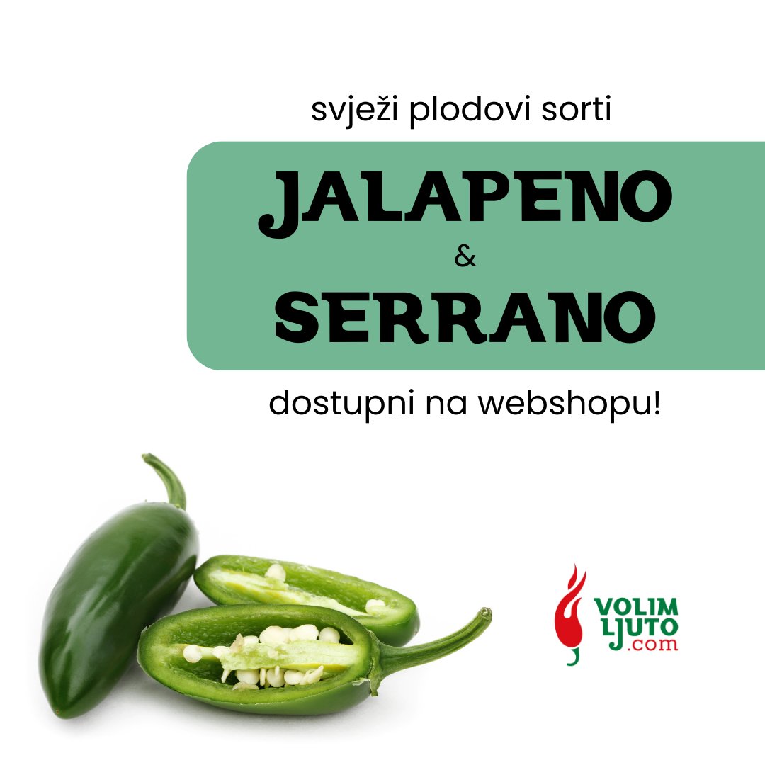 KRENULO JE! 🥳
Došli su nam prvi svježi plodovi chili papričica! Za sada su u prodaji Jalapeno i Serrano u dva različita pakiranja, a uskoro će doći i ljuće sorte.

Webshop:  loom.ly/xkprxGA