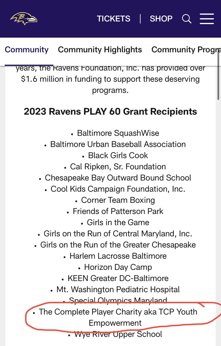 We are humbled and proud to announce TCP Charity has been awarded a <a href="/Ravens/">Baltimore Ravens</a> PLAY 60 Grant along with these other great organizations. 

#charity #tcpyouthempowerment #grant #youthdevelopment #mentoring
