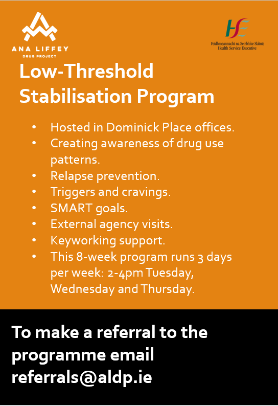 AnaLiffey's tweet photo. Did you know we run a #LowThreshold #StabilisationGroup in #Dublin? 

Open to all who need support with their addiction and to connect with peers.

Just email referrals@aldp.ie for more information or to refer yourself or someone you are working with! https://t.co/wUa11UjHe9