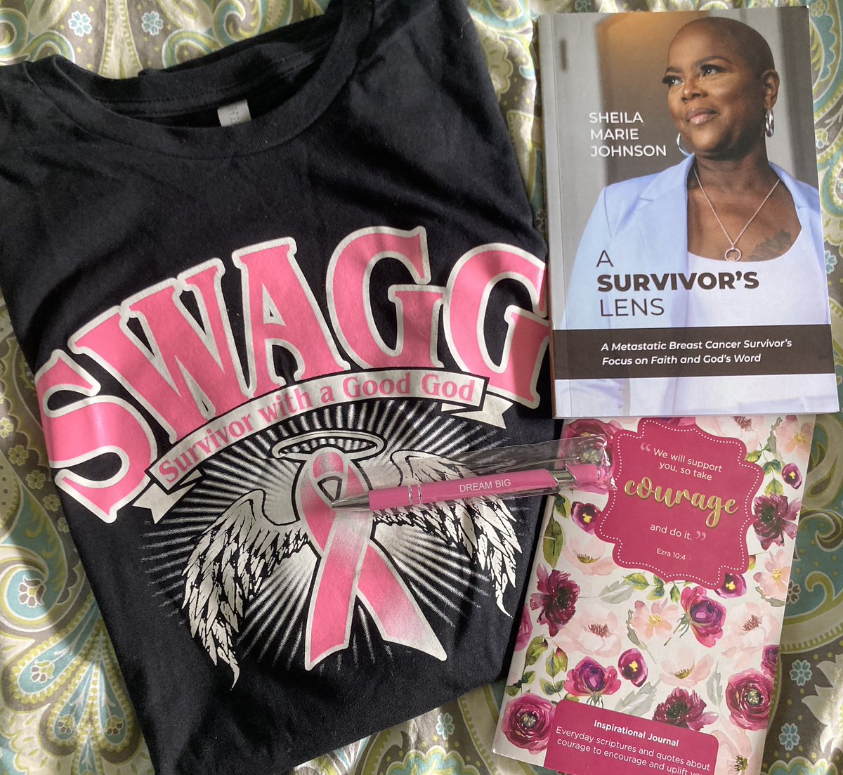 ThinkBeyondPink's tweet photo. Some #pinkribbon #SWAGG that I can stand behind! I will wear this shirt in solidarity with fellow #breastcancer thriver, patient research advocate, and friend, @swaggsheila1 She sent me this pack of goodies with my signed copy of her book: #ASurvivorsLens
#bcsm #ThinkBEYONDPink https://t.co/Ptrl4C51Ba