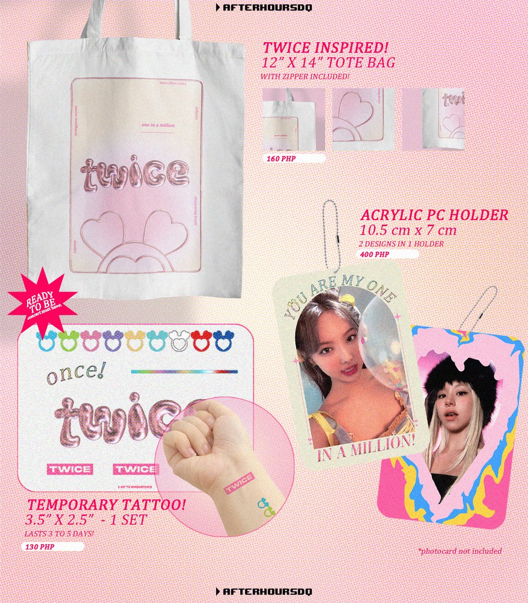 TWICE - inspired mini collection! 🪩

✦ ₱ 130-400 + sf 
✦ doo/dop: 8/18/23 
✦ eta: 1-2 weeks after dop 

🔗bit.ly/ahdqtwicertb

wts lfb ic rtb ready to be bulacan ph once nayeon jeongyeon momo sana jihyo mina dahyun chaeyoung tzuyu help rt #TWICE #TWICE_5TH_WORLD_TOUR
